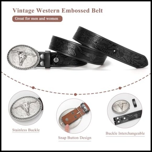 Embossed Leather Western Belt with Bull Buckle